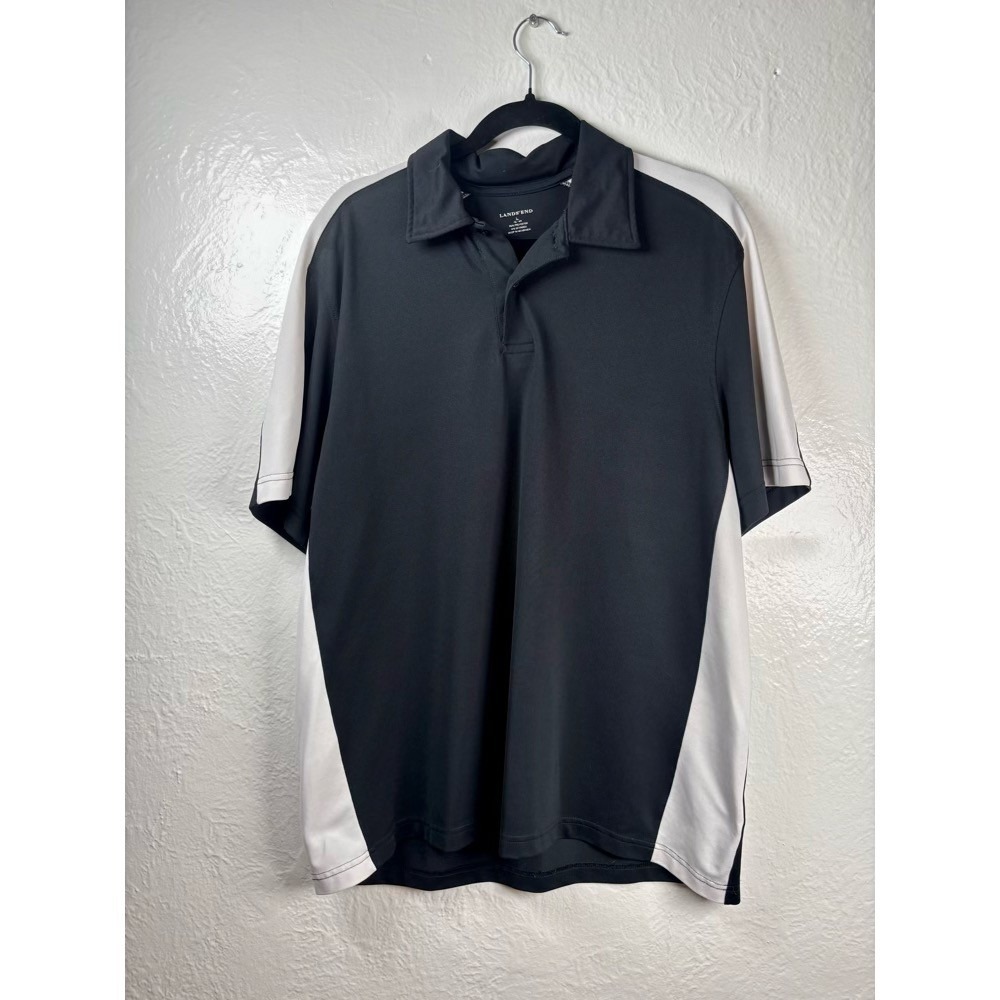 Lands End Polo Shirt Mens L Black White Colorblock Performance Stretch Golfco